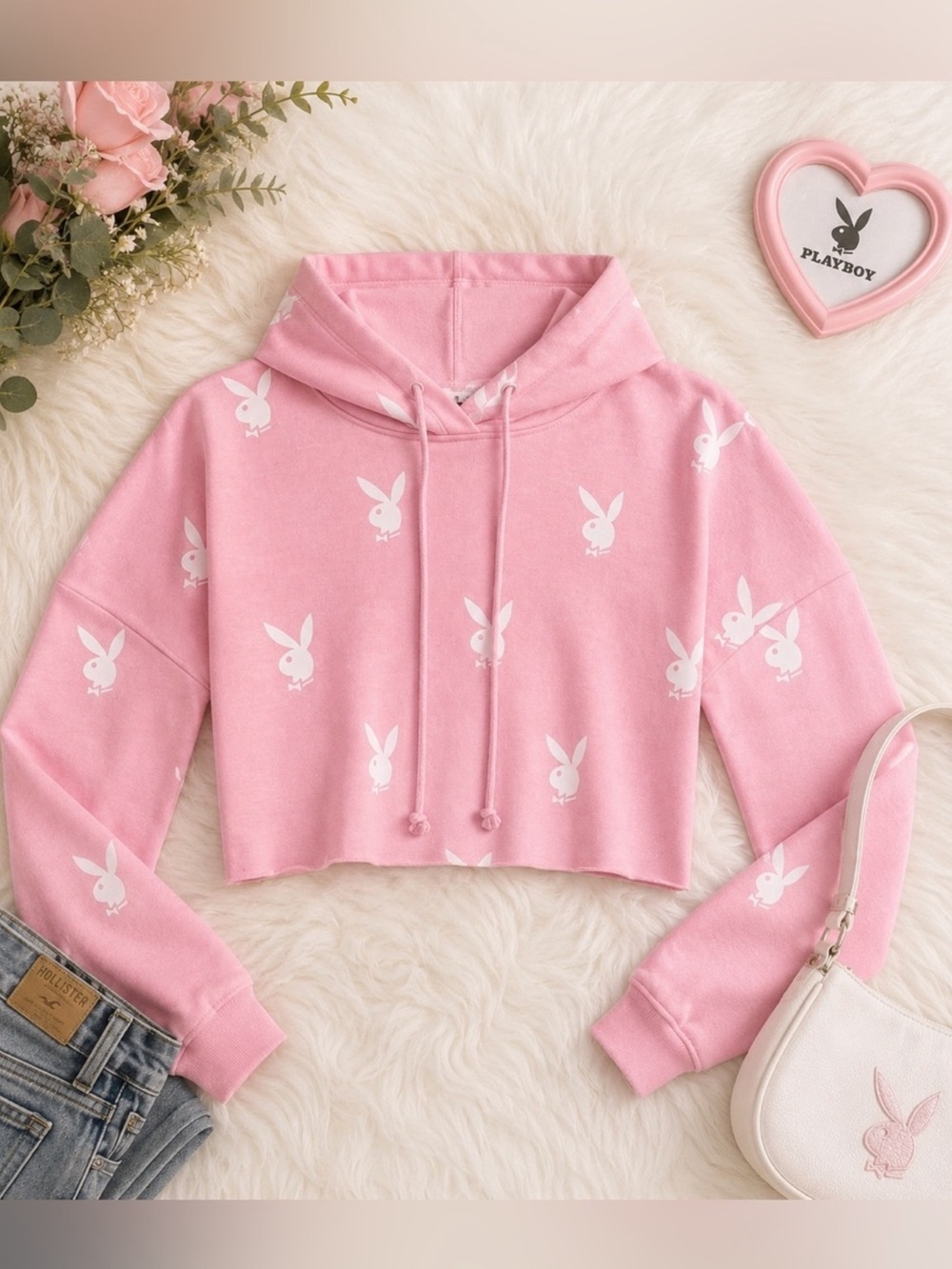 Playboy x Missguided Pink Cropped Hoodie Size L Y2K Barbiecore - Picture 3 of 7